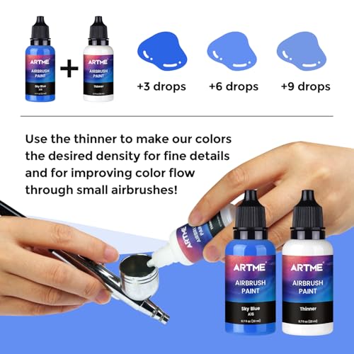 Airbrush Paint, ARTME 42 Colors with 3 Thinner, Ready to Spray, Opaque & Water Based Acrylic Airbrush Paint Set Including Metallic & Neon Colors, Premium Air brush Paints for Metal, Models, Plastic, Canvas, and Wood