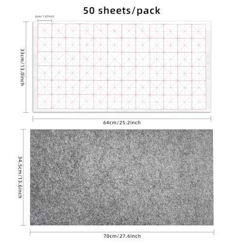 Corciosy Chinese Calligraphy Xuan Paper, 13 x 25.2In, 50 Sheets/Pack | Rice Paper with Grids, For Students, Beginners Practice, Includes Drawing Felt Mat Grey, 5cm/Grid - size: 5cm