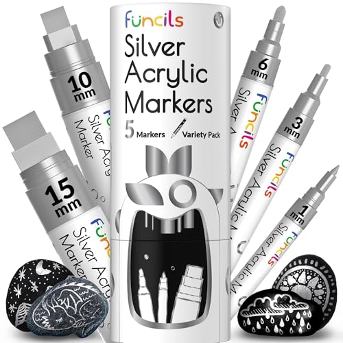 5 Silver Paint Marker Pens - Metallic Acrylic Paint Pen for Wood | Permanent Markers for Fabric, Canvas, Leaf, Metal, Glass, Plastic - Fine Tip, Thin Point & Jumbo (1mm, 3mm, 6mm, 10mm, 15mm) - color: Silver