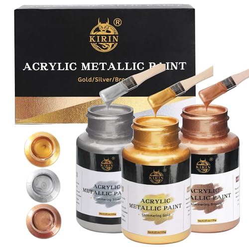 KIRIN Acrylic Paint Metallic, Metallic Gold & Silver & Bronze, Gold Leaf Paint for Art Painting Handcrafts, Idea Paints for Fabric Furniture Wood Clay Canvas Craft Supplies (3Pcs, 125g/Bottle)