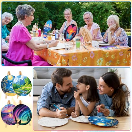 Supervitae 72 Piece Scenery Round Pre Drawn Canvas Kit 8" Paint and Sip Kit for Adults Painting Party Pre Printed Canvas DIY with Pictures Paints Easels Brushes for Party Gifts - size: 8", style: Scenery