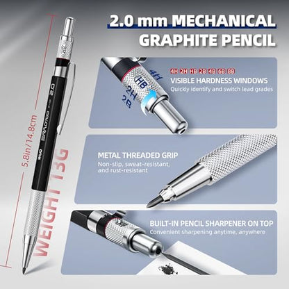 WUO 36PCS Art Mechanical Pencil Set with Storage Case, Metal Drawing Pencil - color: Black+Silver1 - 3 Sizes + 2.0mm