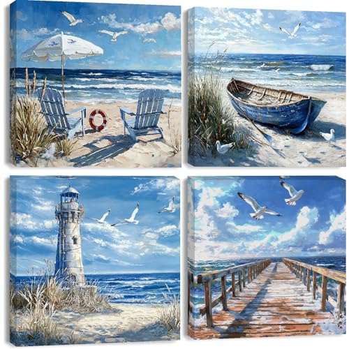 Clendo 4 Pack Beach Paint by Numbers Kit for Adults Beginners Framed - DIY Coast Adults Paint by Numbers Kits on Canvas, Small Easy Acrylic Oil Painting for Home Wall Decor (8 x 8 Inch) - color: 4P-BKH2167-BKH2170
