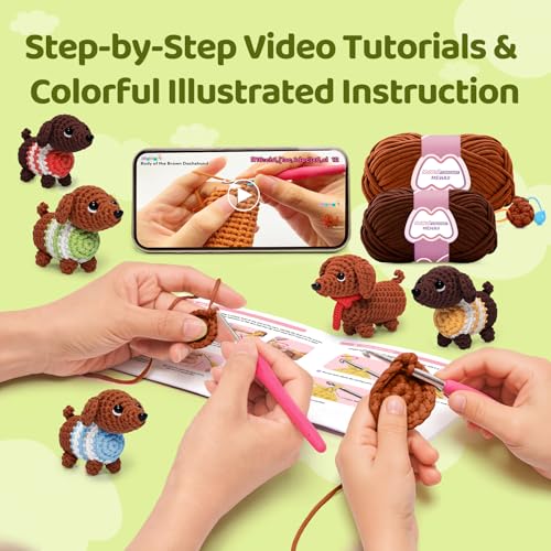 Mewaii Crochet Kit for Beginners, 5 Pack Dachshund Dog Craft Set - color: Brown Red and Blue