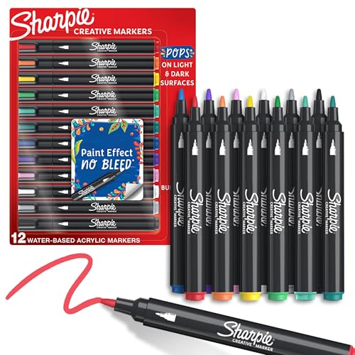 Sharpie Creative Markers, Water-Based Acrylic, Bullet Tip, Assorted Colors, 12 Count – Arts & Crafts, Kids Activity, School Classroom; Works on Paper, Metal, Wood, Ceramic, Glass, Rock, Canvas - size: 12 Count, style: Bullet Tip
