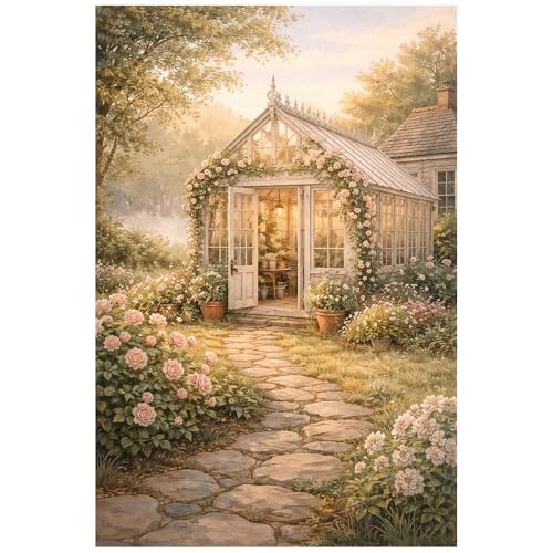 Quelvyn Garden Greenhouse Paint by Numbers Kit for Adults, DIY Floral Conservatory Cottage Painting on Rolled Canvas 16x20 Inch, Beginner Art Romantic Garden Wall Decor, Gift for Flower Lovers