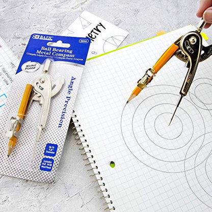 BAZIC Metal Ball Bearing Compass w/ #2 HB Wood Pencil, Nickel Plated Compass for Precision Geometry Math Drafting, Great for Student Designer Mathematician Carpenter Office & School, 1-Pack | #2 wood pencil that draws clean circles and arcs for geometry,