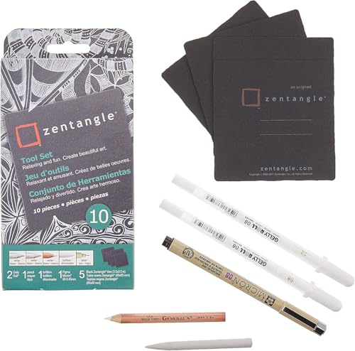 SAKURA Zentangle Tiles, 3.5", Black | All-in-One Kit for Drawing, Relaxing, Meditative Patterns, Includes Gelly Roll and Micron Pens, White Pencil and Black Tiles - size: 1 Count (Pack of 10)