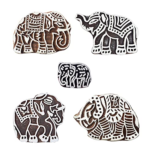 Royal Kraft Elephant Wooden Printing Stamps (Set of 5) - DIY Henna Fabric Textile Paper Clay Pottery Blocks Htag2201 - color: Htag2201