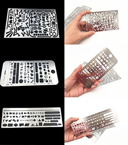 Yansanido Pack of 3 Stainless Steel Drawing Ruler, Painting Stencils, Scale Template Sets, Graphics Stencils, Number Template Ruler for Very Fine Pen Tip
