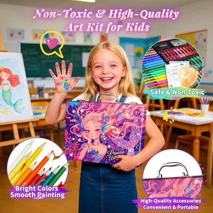 Cokiki Mermaid Art Set for Kids, 184 Piece Drawing Art Kit - color: Violet Princess