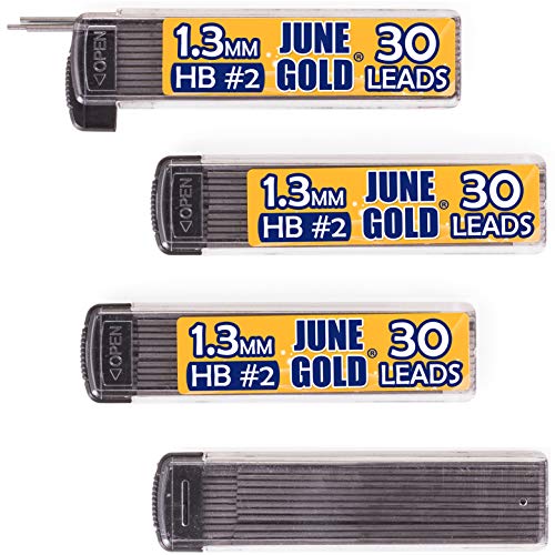 June Gold 1.3 mm, 120 Lead Refills, HB #2, 4 Dispensers/w 30 Pieces Each | Medium Bold Thickness, Break Resistant Graphite, Elegant Dispensing Mechanism - color: Hb Graphite, style: 1.3 mm