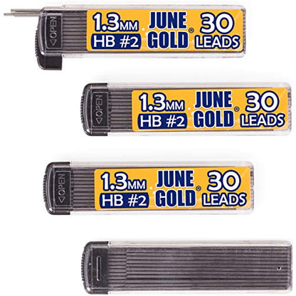 June Gold 1.3 mm, 120 Lead Refills, HB #2, 4 Dispensers/w 30 Pieces Each | Medium Bold Thickness, Break Resistant Graphite, Elegant Dispensing Mechanism - color: Hb Graphite, style: 1.3 mm