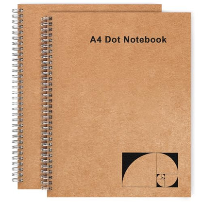 A4 Dotted Journal Notebook, 2 Pack Large Spiral Dot Grid Notebook, 200 Pages 100gsm Thick Dot Grid Paper Journal for Sketching Writing Taking Note and More - Kraft Brown Cover, 8.5" x 11" - color: Dotted