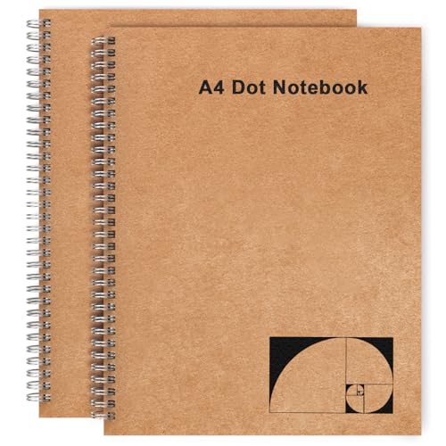 A4 Dotted Journal Notebook, 2 Pack Large Spiral Dot Grid Notebook, 200 Pages 100gsm Thick Dot Grid Paper Journal for Sketching Writing Taking Note and More - Kraft Brown Cover, 8.5" x 11" - color: Dotted