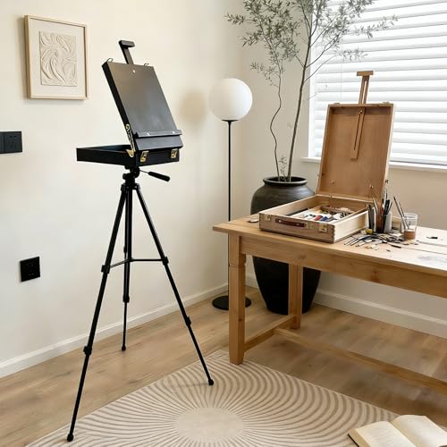 French Style Easel with Beech Wood & Aluminum Tripod | Light Weight Plein Air Easel- Adjustable Sketch box Tripod for Outdoor & Studio Painting, Sketching - color: Nature
