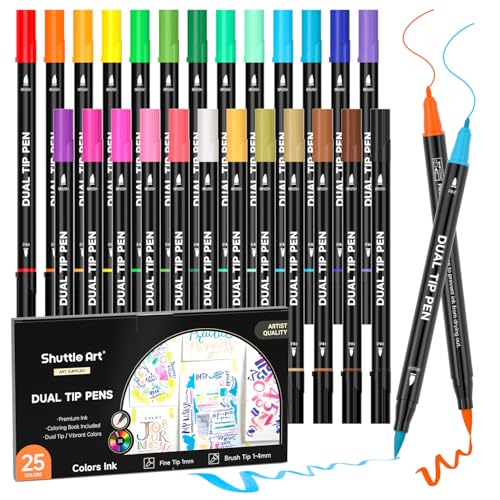 Shuttle Art Dual Tip Brush Markers 25 Colors Water-Based Ink - color: 25 Colors with 1 Coloring Book