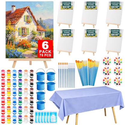 Flasoo 6 Pack 8x10 Canvas Painting Kit, 75 PCS Sip and Paint Kit, Paint and Sip Kit for Adults with Acrylic Paint, 32 Brushes, Palettes, Aprons, Tablecloth, Folding Cups for Paint Night, Gift - color: 12 colors-6pack