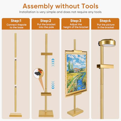 30'' Adjustable Tabletop Easel Stand with Rechargeable 13RGB Poster Light | Picture Frame Light, Picture Easels for Display,Gold Metal Picture Frame Holder Stand for Artwork, Photo,Sign. - color: Gold
