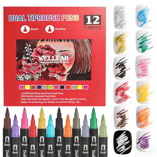 12 Colors Dual Tip Markers for Adult Coloring Books, No Bleeding Fine Pen - color: 12 Colors