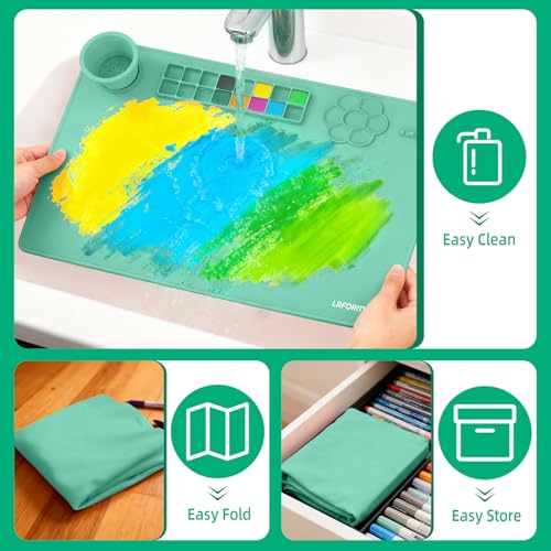 Silicone Painting Mat, 23.6x15.8in Art Drawing Mat with Brushes | For children DIY art watercolor clay use, table protection craft mat, painting station with cup palette cleaning cup, green - color: Green