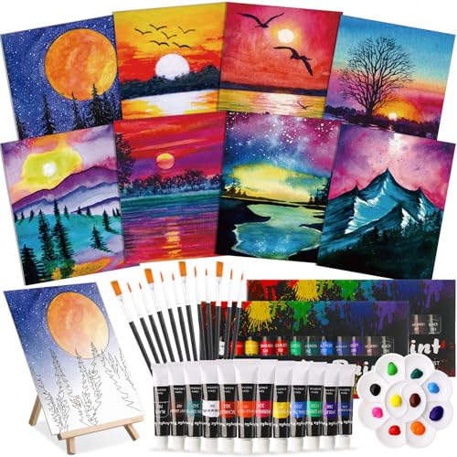 Cholemy 36 Pcs Paint and Sip Kit Gift for Adults 8''x10'',Mountain | Pre Drawn Canvas, Painting DIY Afro Acrylic Painting Kit, Wood Easel Brushes, Date Night Bulk, Summer Halloween Party - style: Mountain