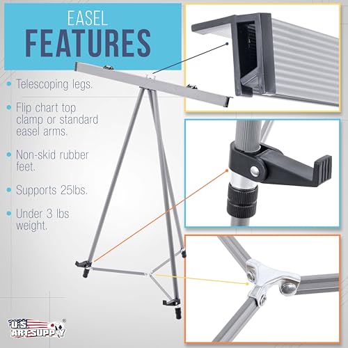 U.S. Art Supply 66" High Classroom Silver Aluminum Flip Chart Easel & Presentation Stand - Adjustable Floor/Tabletop, Portable Tripod, Holds 25 lbs., for Chart Paper, Poster Boards, & Pads