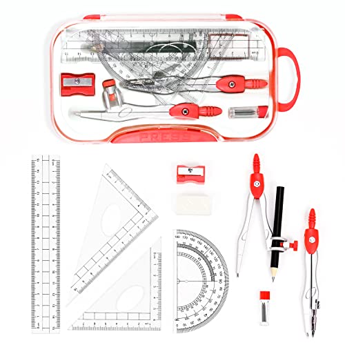 Vobou 10 pcs Math Geometry Set Student Supplies,Compass Kit Set (Red） | Shatterproof Storage Box,Rulers,Protractor,Compass,Eraser,Pencil Sharpener,Lead Refills,Pencil,for School and Drawing - color: Red1