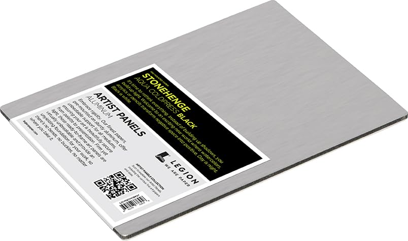 Legion Artist Panel, 1/8" Composite Brushed Aluminum with Stonehenge Aqua Coldpress Black, 100% Cotton, 140lb Paper, 5 x 7 inches for Wet Media - size: 5 x 7