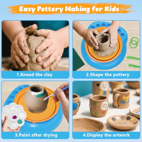 Pottery Wheel for Kids with Air Dry Clay Kit, 12 Paints & Tools, Ages 6-12 | No kiln needed: shape on the electric wheel, air-dry & paint. Gentle beginner speed; kit adds 3 clay packs, tools & apron - color: yellow/blue