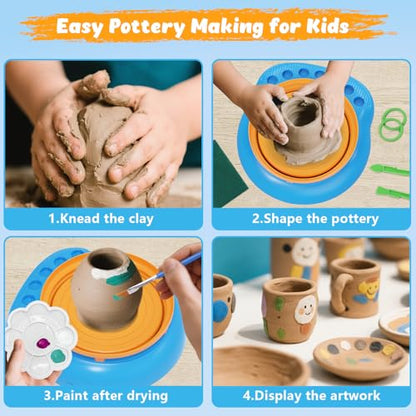Pottery Wheel for Kids with Air Dry Clay Kit, 12 Paints & Tools, Ages 6-12 | No kiln needed: shape on the electric wheel, air-dry & paint. Gentle beginner speed; kit adds 3 clay packs, tools & apron - color: yellow/blue