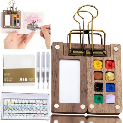 Mini Watercolor Paint Set, Portable Travel Watercolor Palette with 12 Colors, 3 Brushes, Picture Album & Binder Clips, 8-Grid Wooden Pocket Paint Box