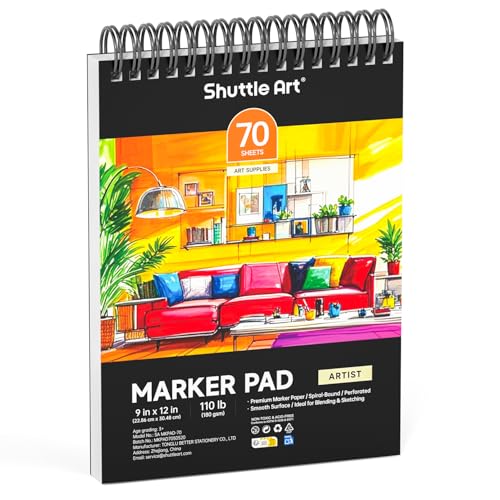 Shuttle Art Marker Pad, 70 Sheets, Spiral-Bound, 12”x9”, 110LB/180GSM Paper | Portable Sketchbook, Smooth Surface, Alcohol Markers Bleedproof Art Paper Great for Artists to Draw, Paint & Sketch - size: 12x9 inch