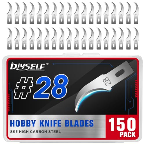 DIYSELF 150 PCS #28 Hobby Knife Blades, SK5 Exacto Knife Replacement Blades | Hook-Style Craft Knife Blades for Pull Cuts, Curved Art Knife Blades for Vinyl, Leather, Foam, Paper and DIY Detail Work - size: #28