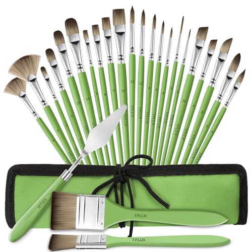 Paint Brushes Set of 25 Pieces Wooden Handles Brushes，Professional Artist Series with Filbert, Fan, Dagger, Cat Tongue, Round, Angle, Wide Flat Canvas Roll Bag & Palette Knife