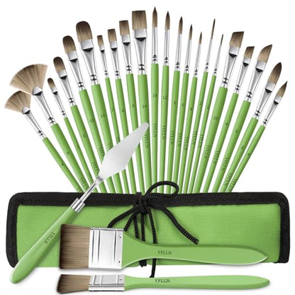 Paint Brushes Set of 25 Pieces Wooden Handles Brushes，Professional Artist Series with Filbert, Fan, Dagger, Cat Tongue, Round, Angle, Wide Flat Canvas Roll Bag & Palette Knife