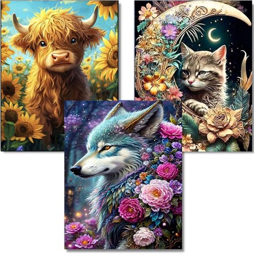 OFRKE Diamond Painting Kits for Adults, 3 Pack Flower Animal DIY 5D Diamond Art Kits for Adults Beginners Full Round Drill Diamond Crystal Craft Kits for Home Wall Art Decor Gifts 12x16 inch - color: 3pcs-Animal