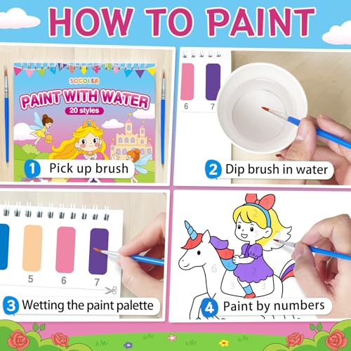 SOCOLER Paint with Water Coloring Books for Kids & Toddlers,Princess &Party | Mess Free Watercolor Painting Set, Water Color Painting Book,Craft Art Kit, Boys & Girls Birthday Gift, Travel Activity Toy - style: Princess and Party