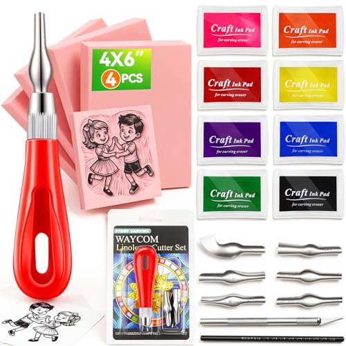 WAYCOM 18Pcs Linoleum Blocks for Printmaking: Linocut kit with Tools & Ink - 4x6 Rubber Carving Blocks - Art Craft Supplies for Beginners & Hobbyists - Gifts for Christmas/Birthday/Art Enthusiast - color: Pink-4 Carving Blocks