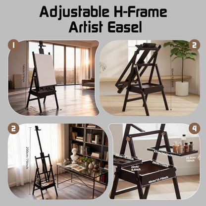 Beech Wood H-Frame Easel for Painting with Tray & Drawer, Walnut | Heavy-duty Floor Adjustable Height & Angle Studio Art Easel Stand, Holds 30"-50" Canvas, Foldable Painting Easel for Adults - color: Walnut