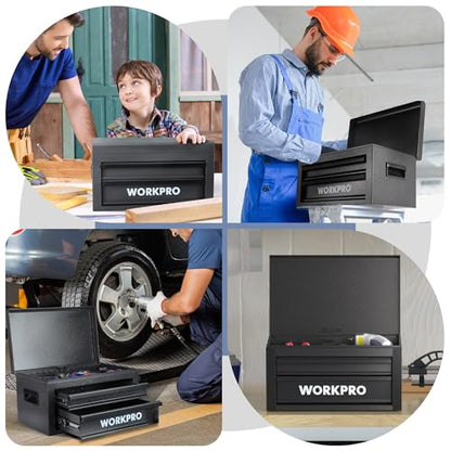 WORKPRO 15 Inch Metal Tool Box with 2 Drawers & 1 Top Storage, Heavy Duty Portable Tool Box with Handle for Garage, Office and Home, Up To 85 LBS Load Capacity - size: 15 Inch