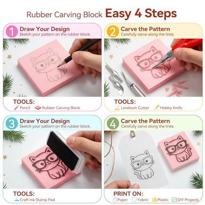 WAYCOM Linocut Kit for Beginners - 4x6 Soft Rubber Carving Block with Linoleum Cutter, Hobby Knife, Ink Pad & Pencil - Stamp Making & Block Printing Starter Set, DIY Craft Gift for Adults & Teens - color: Pale Pink-1 Rubber Block