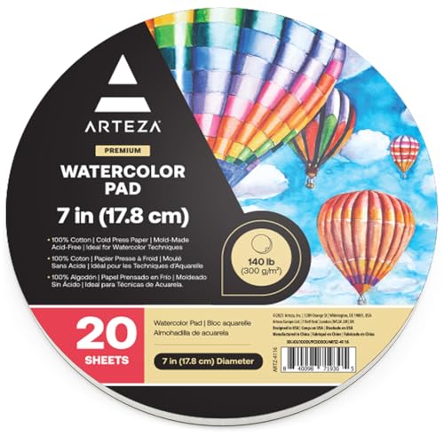 ARTEZA Watercolor Paper, 20 Sheets, 7 Inch Diameter Round Paper Pads, 140lb/300gsm, 100% Cotton, Cold Press, Acid Free Art Paper - size: 20 Sheets (7 inch Round)