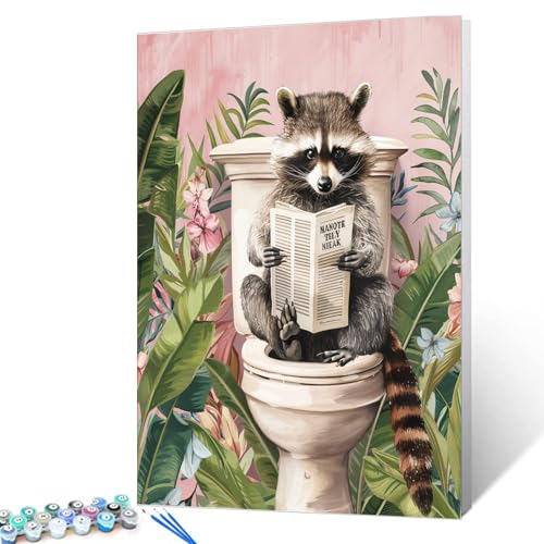 Tucocoo Funny Bathroom Animal on Toilet Paint by Numbers for Adults Cute Racoon on Toilet Acrylic Paint by Numbers Painting Kit On Canvas for Beginners Home Wall Bedroom Decor 16x20inch Frameless - color: Paint by number-Closestool 17, size: 16''x20''(Fra