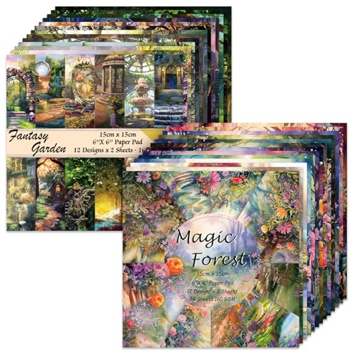 6x6" Scrapbooking Paper Pad Single Sided Decorative Colored Papers | 160GSM 24 Patterned 48 Sheets Cardstock，Art Paper for Craft Paper Present Wrapping DIY Junk Journal Supplies.Forest Garden - color: 2PcsSet-Magic Forest Fantasy Garden