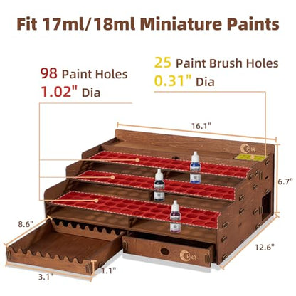 OPHIR Wooden Paint Organizer 98 Holes Rack for Miniature Paints & Brushes - size: 1.02"-98 Holes