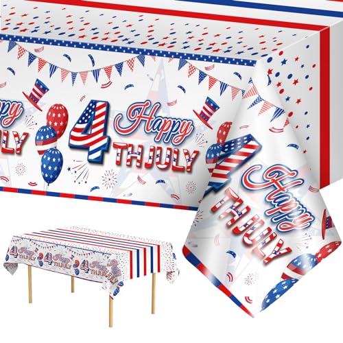 2 Pack Happy 4th of July Tablecloth Decorations - Fourth of July Table Cloth, Plastic Disposable Rectangle Table Cover for Patriotic Independence day Tables Decor Party Supplies Favors,108 x 54 Inch - color: Red Blue and White