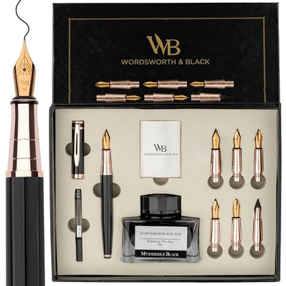 Wordsworth & Black Luxury Calligraphy Pen Set, 6 Nibs, Black Rose | Fountain Ink Bottle, Cartridges & Refill Converter, Refillable, Black, High End Gift for Men & Women, Journaling & Lettering - color: Black Rose Gold