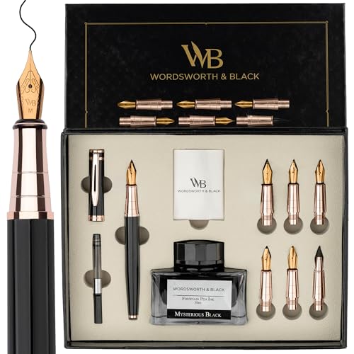 Wordsworth & Black Luxury Calligraphy Pen Set, 6 Nibs, Black Rose | Fountain Ink Bottle, Cartridges & Refill Converter, Refillable, Black, High End Gift for Men & Women, Journaling & Lettering - color: Black Rose Gold
