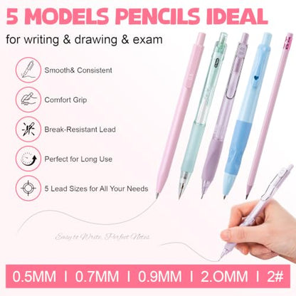 Eersida 47 Pcs Aesthetic School Supplies with Cute Pen Case, Mechanical Pencils 0.5mm, 0.7mm, 0.9mm & 2.0mm with Leads and Eraser Refills, Wood Pencils #2, for Writing, Drawing & Drafting (Pink) - color: Pink